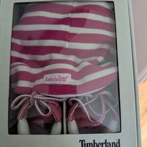 Timberland Pink and White Striped Baby Hat and Booties Set